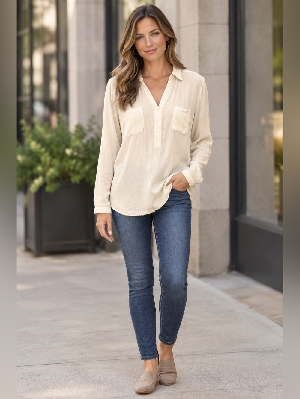LOFT Women's Cream Long-Sleeve Collared V-Neck Blouse Top Women’s Size Medium